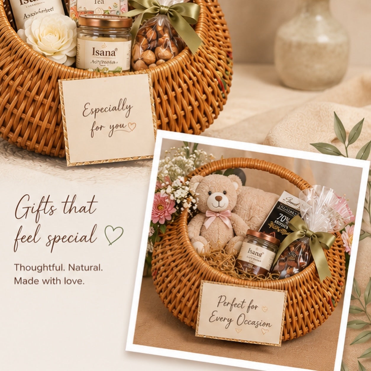Gift basket with teddy bear, flowers, and snacks with a 'Especially for you' card.