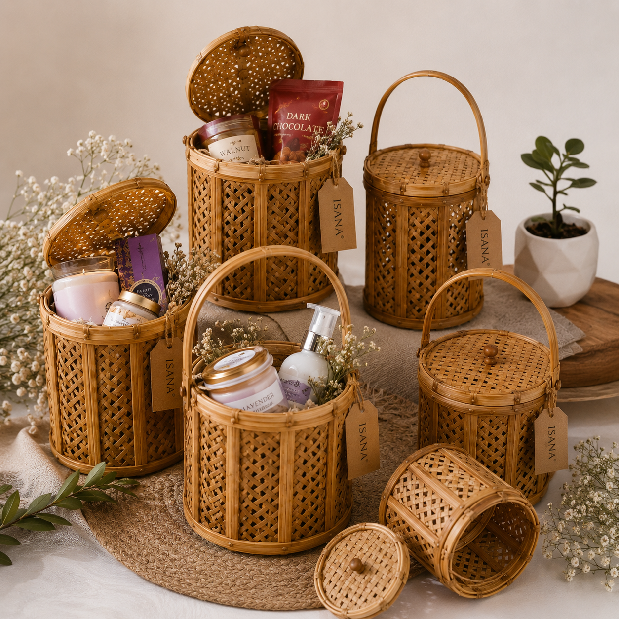 ISANA® Bamboo Lantern Hamper Basket – Handmade Gift Basket