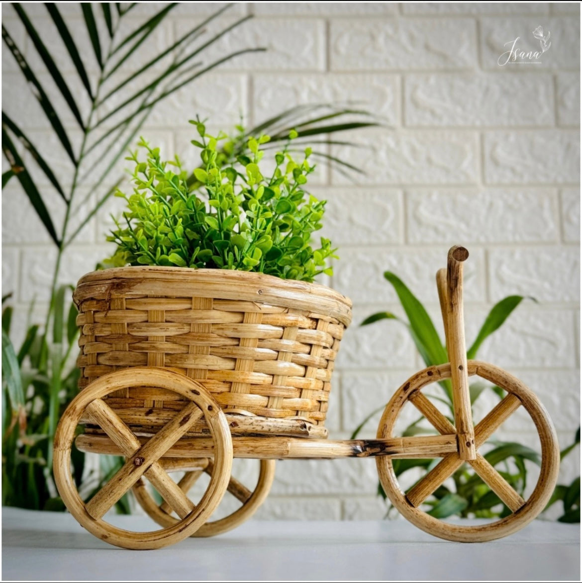 ISANA Raahi Handwoven Rattan Cart Planter and Hamper Holder