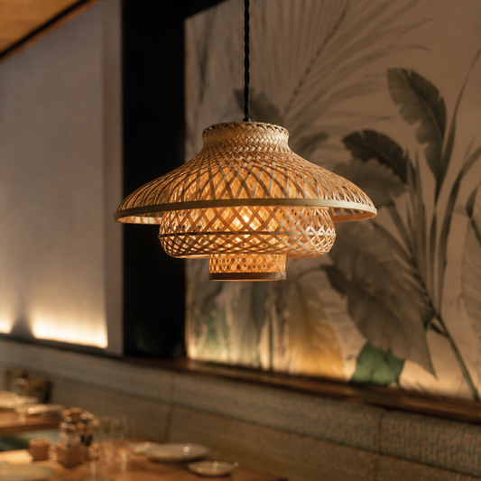 ISANA®️ Dhara Hanging Lampshade – Handwoven Natural Bamboo Pendant Lamp