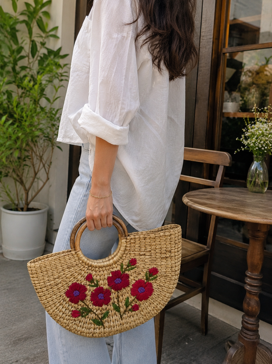 Handwoven Kauna Grass Handbag with Embroidery | Sustainable Handmade Bag | ISANA®️