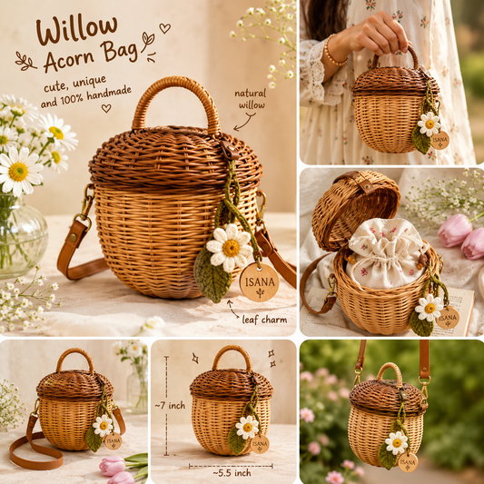 Willow Acorn Bag – Handwoven Kashmiri Willow Basket | Isana®️