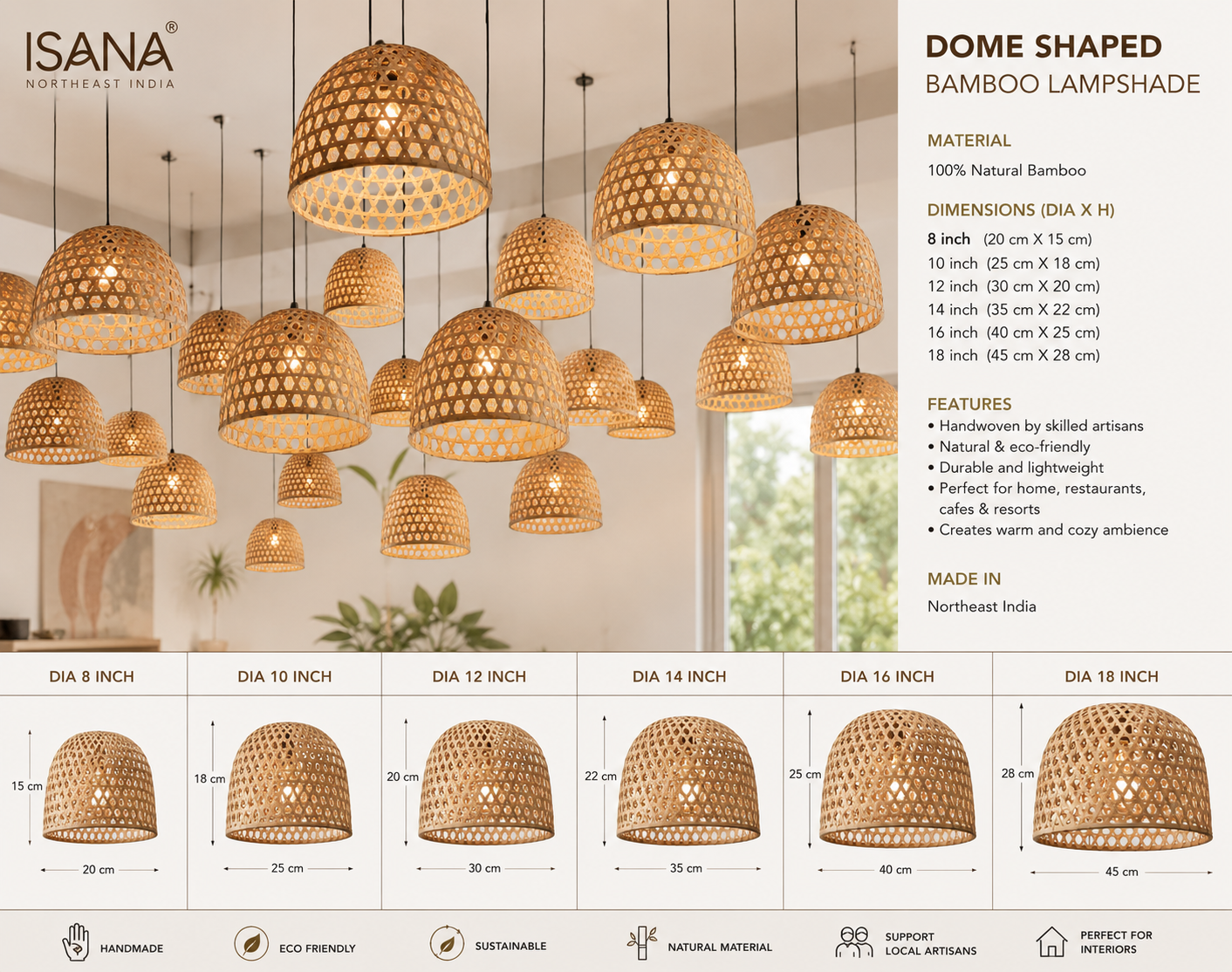 Isana “NoorDome” Handwoven Bamboo Lampshade – Eco-Friendly Bohemian Home Decor