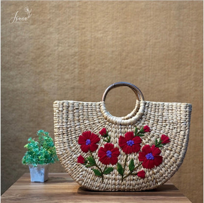 Handwoven Kauna Grass Handbag with Embroidery | Sustainable Handmade Bag | ISANA®️