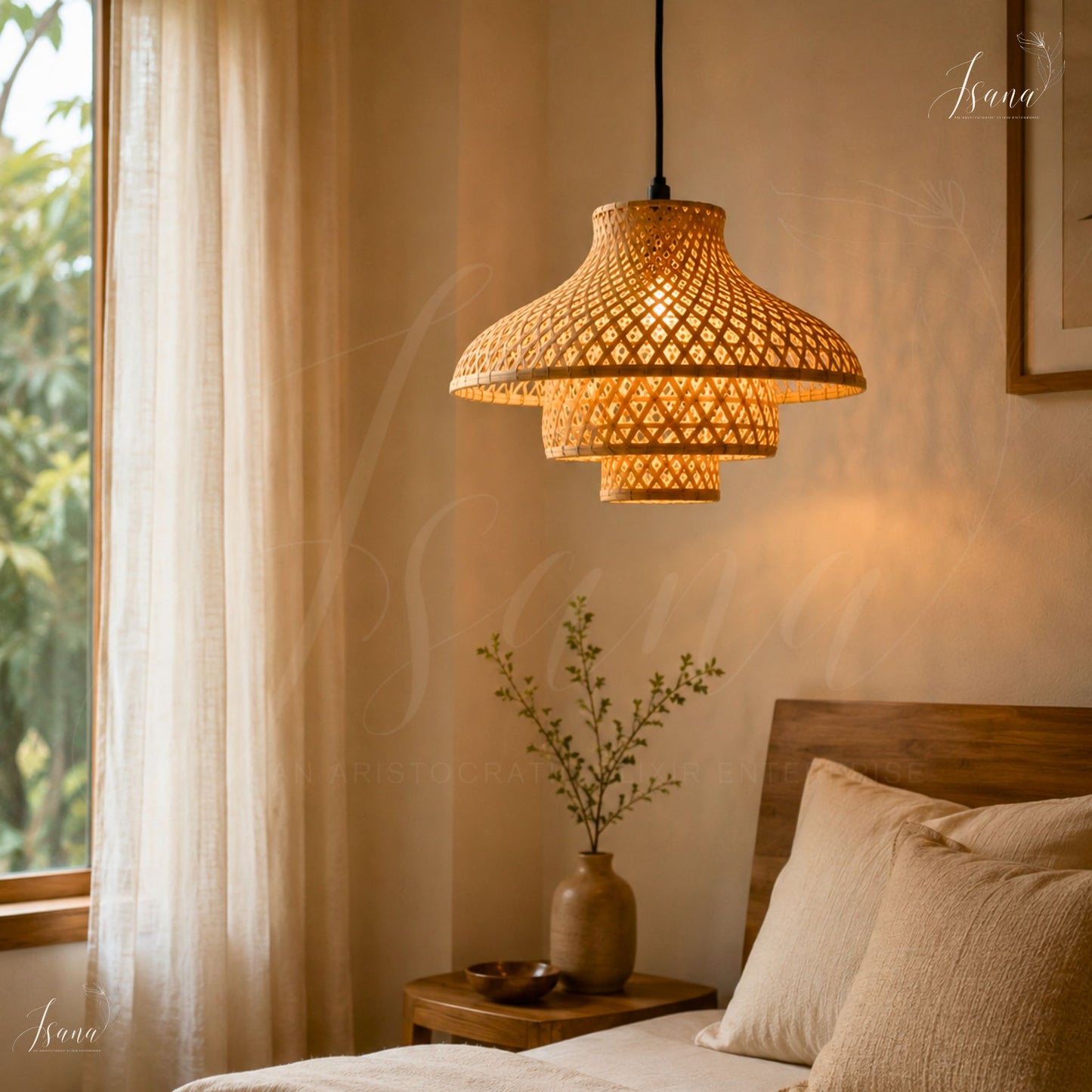 ISANA®️ Dhara Hanging Lampshade – Handwoven Natural Bamboo Pendant Lamp