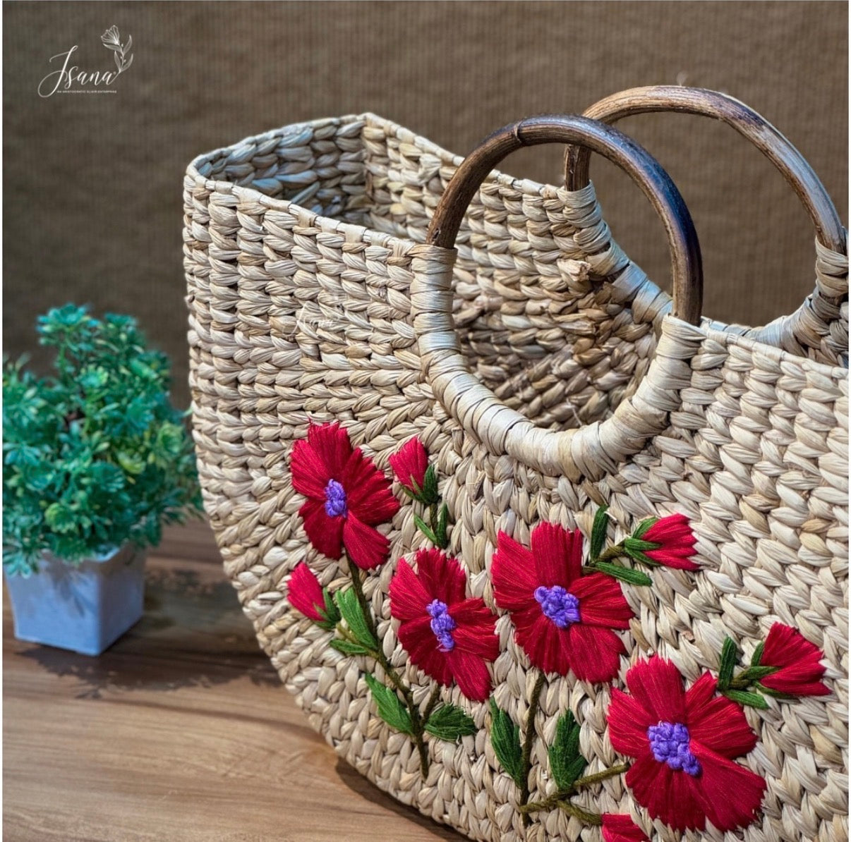 Handwoven Kauna Grass Handbag with Embroidery | Sustainable Handmade Bag | ISANA®️
