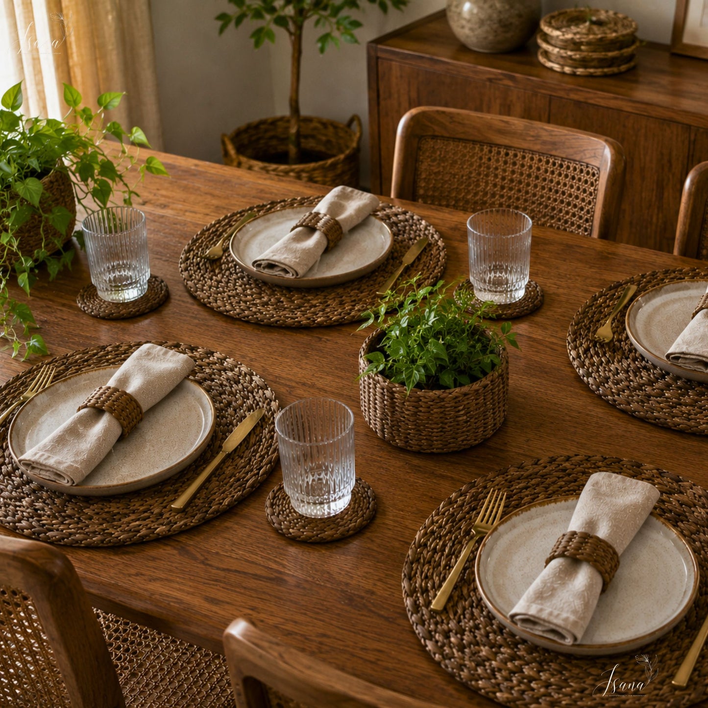 EcoServe Luxe – 6 Pc Handwoven Water Hyacinth Placemats with Holder Sustainable Dining Set