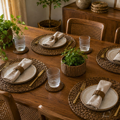 EcoServe Luxe – 6 Pc Handwoven Water Hyacinth Placemats with Holder Sustainable Dining Set