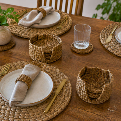 EcoServe Luxe – 6 Pc Handwoven Water Hyacinth Placemats with Holder Sustainable Dining Set