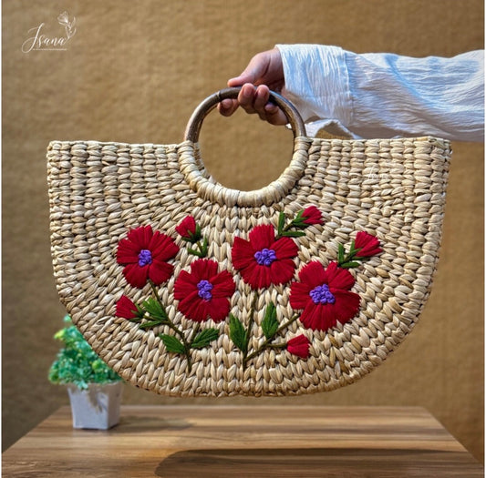 Handwoven Kauna Grass Handbag with Embroidery | Sustainable Handmade Bag | ISANA®️