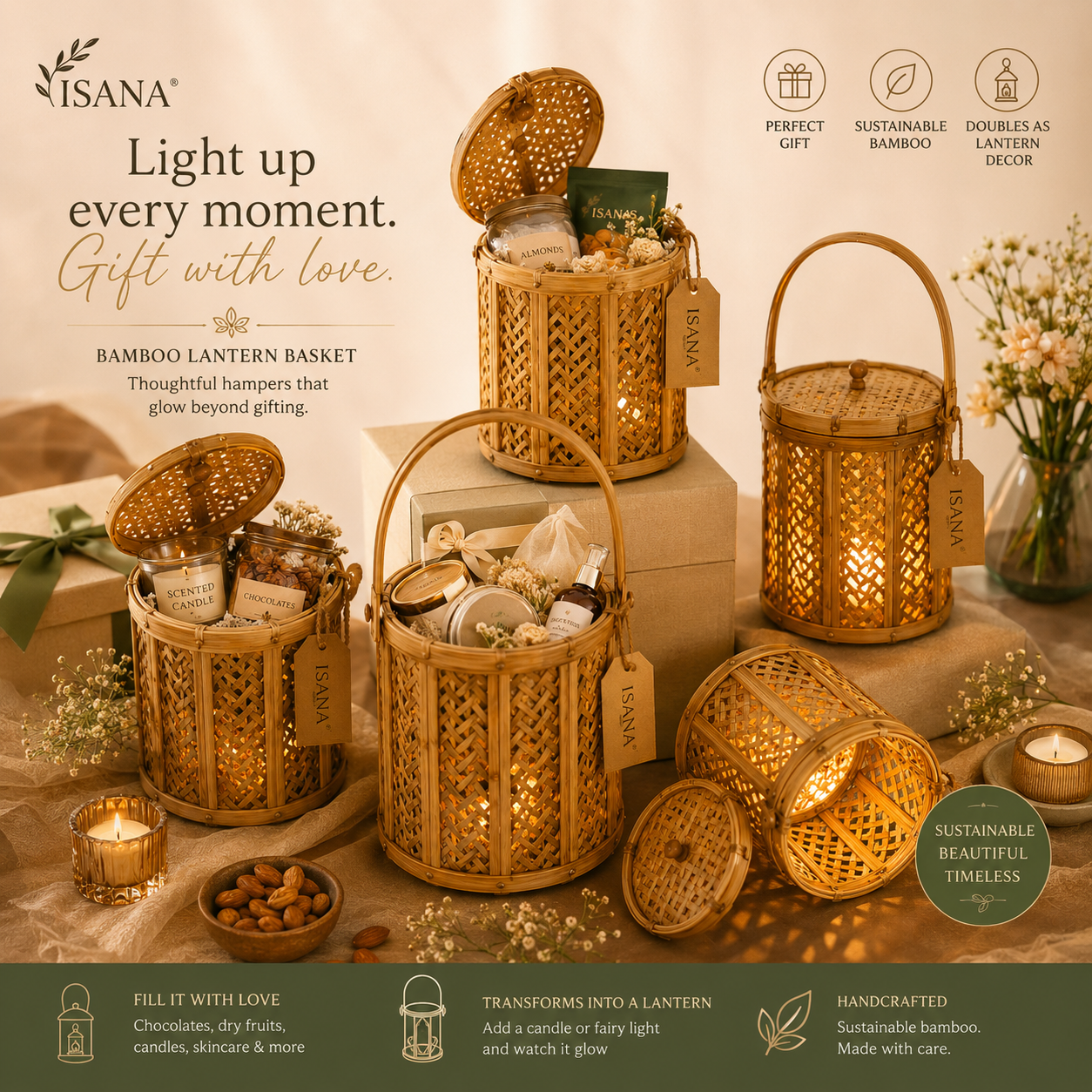 ISANA® Bamboo Lantern Hamper Basket