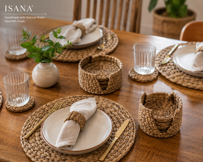 EcoServe Luxe – 6 Pc Handwoven Water Hyacinth Placemats with Holder Sustainable Dining Set