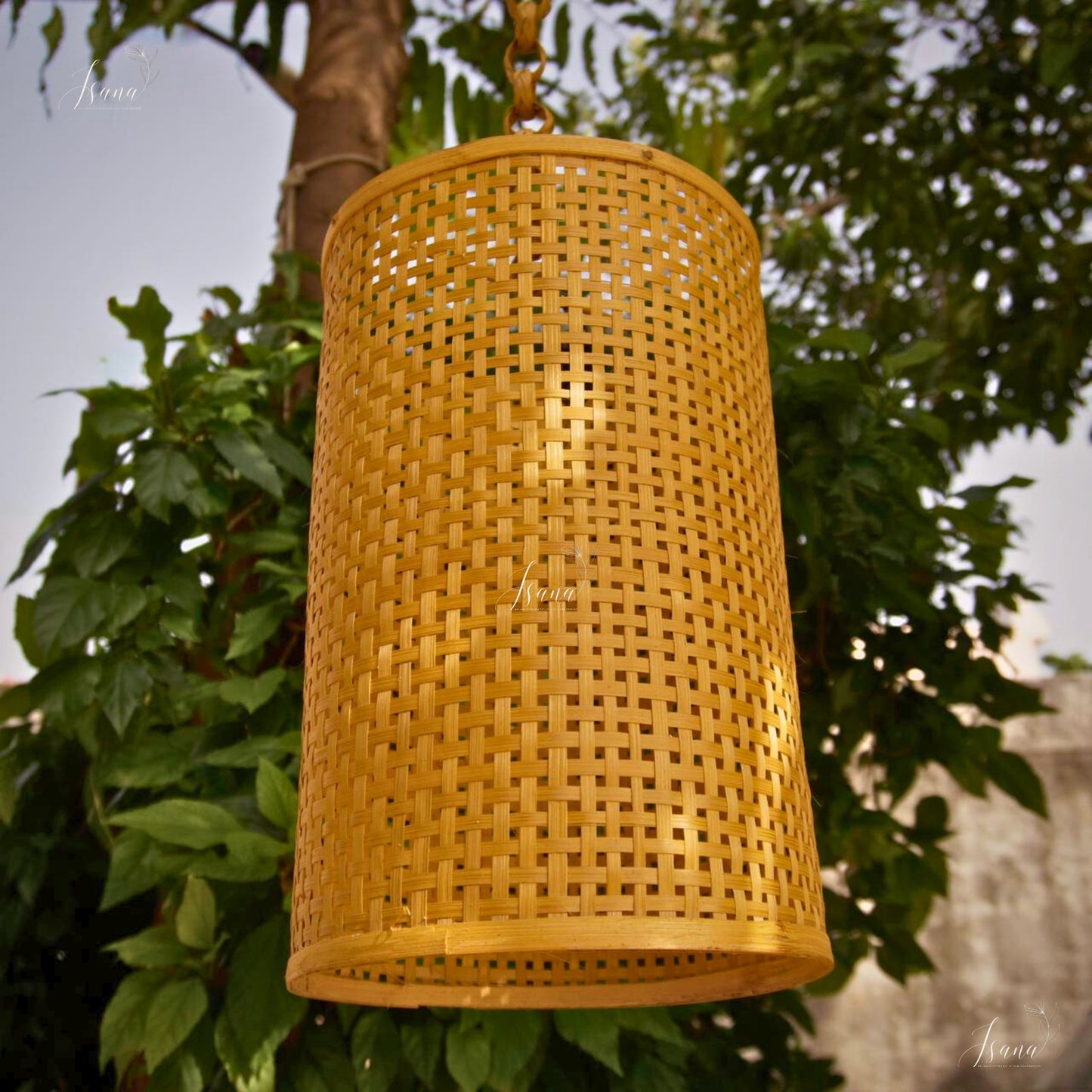 Isana Taara Cylindrical Lampshade - Handwoven Natural Bamboo Pendant (10”×15”)