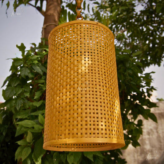 Isana Taara Cylindrical Lampshade - Handwoven Natural Bamboo Pendant (10”×15”)