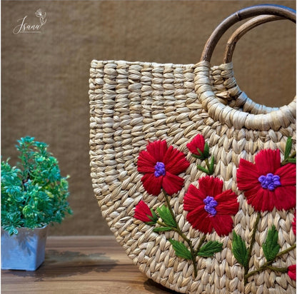 Handwoven Kauna Grass Handbag with Embroidery | Sustainable Handmade Bag | ISANA®️