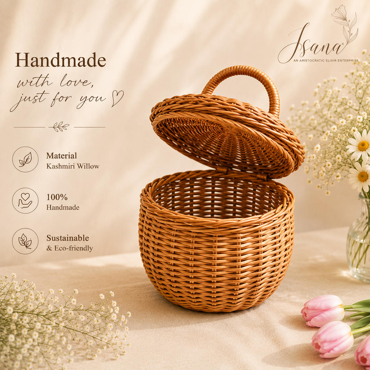 Willow Acorn Bag – Handwoven Kashmiri Willow Basket | Isana®️