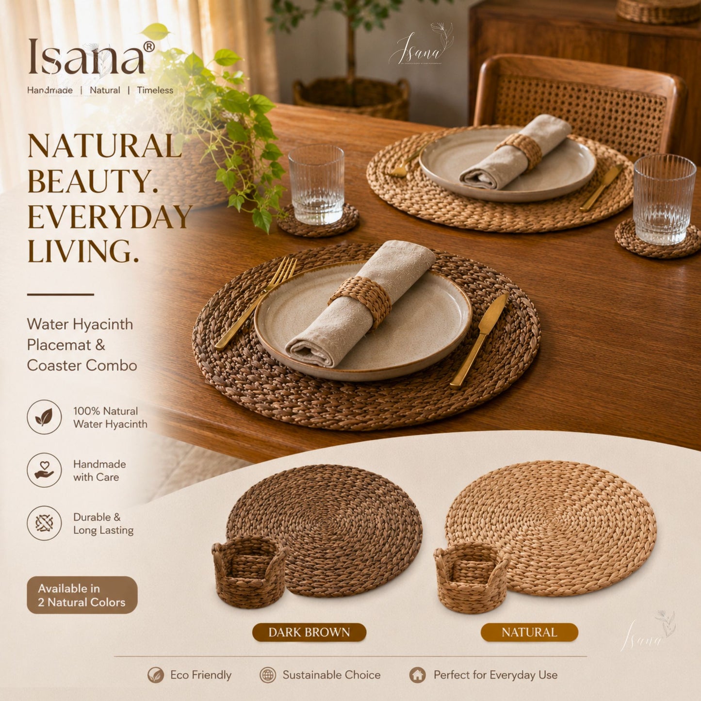 EcoServe Luxe – 6 Pc Handwoven Water Hyacinth Placemats with Holder Sustainable Dining Set