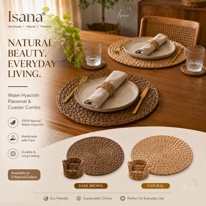 EcoServe Luxe – 6 Pc Handwoven Water Hyacinth Placemats with Holder Sustainable Dining Set
