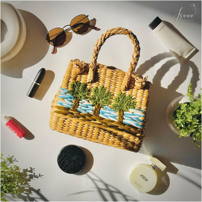 Cozy Small Kauna Grass Embroidered Handbag – Beige & Brown